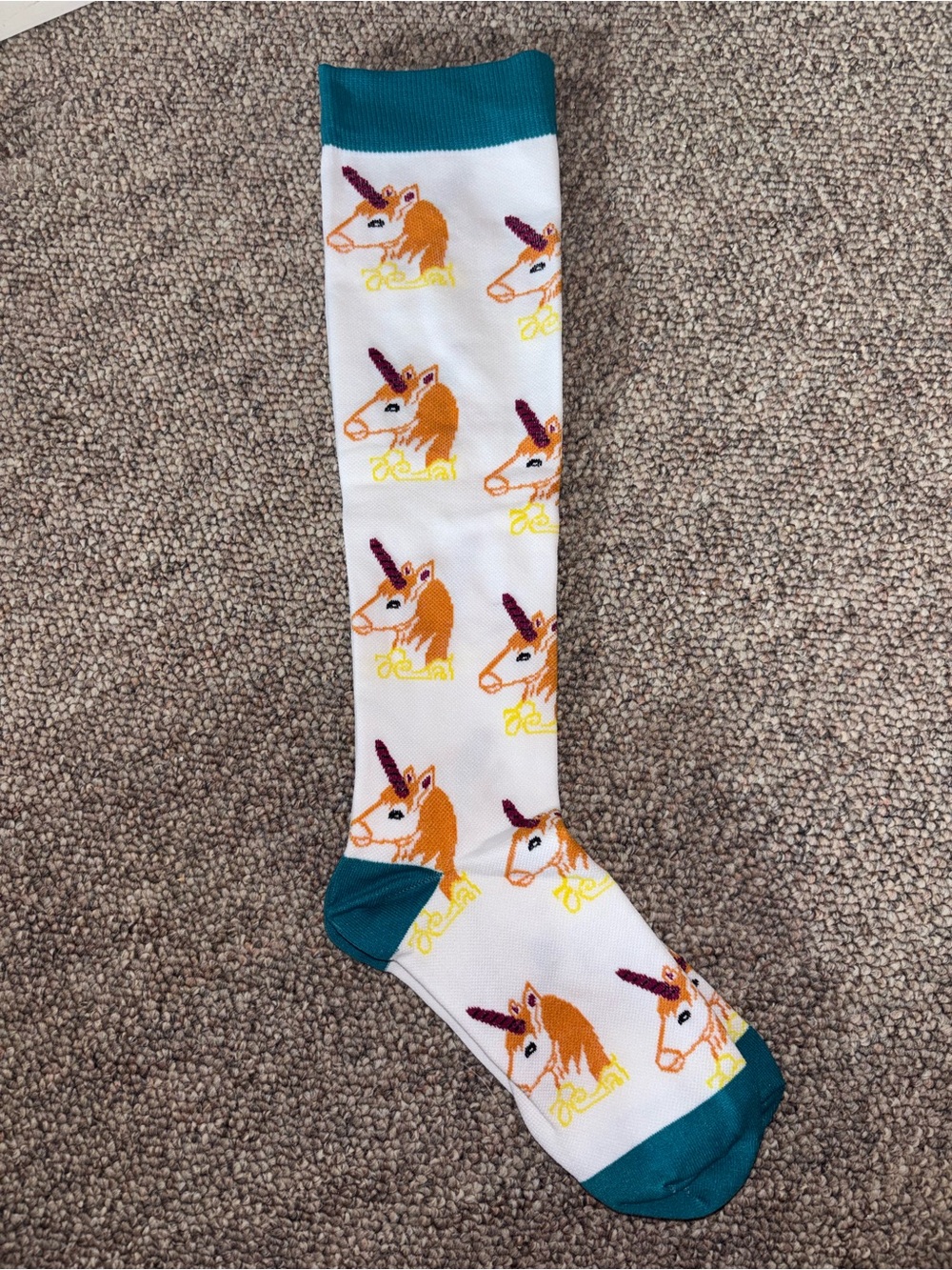 Unicorn Pattern Knee-High Socks - White with Teal Accents